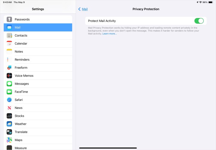 alt text: Mail Privacy Protection enabled on an iPad.