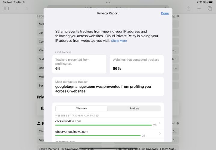 alt text: The Privacy Report in Safari on an iPad.