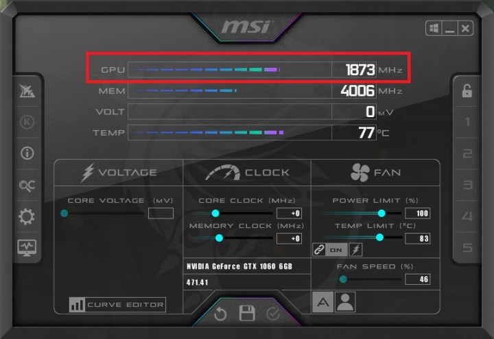 MSI Afterburner GPU Frequency tool.