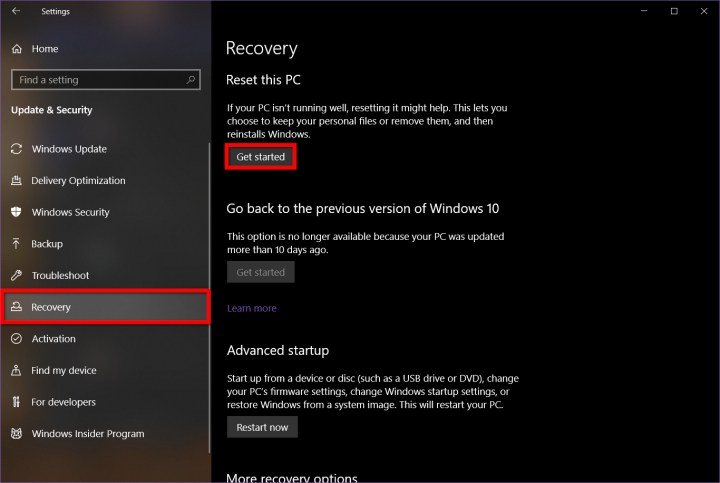 Windows 10 Recovery Options