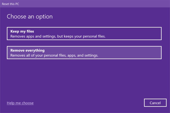 Choosing Reset Options in Windows 10