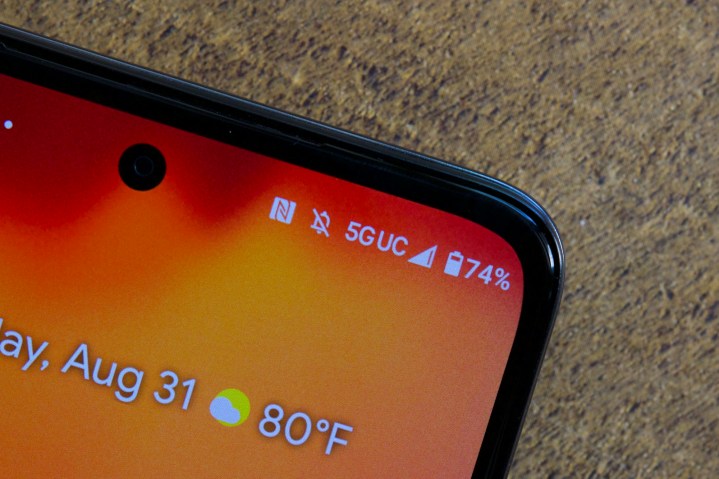 alt: A close-up of the 5G logo on a Motorola Edge smartphone.