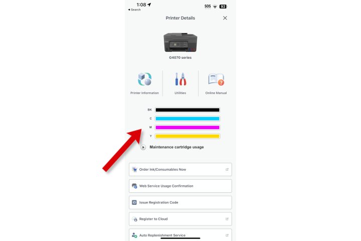 A screenshot of the Canon Print app displaying ink levels.