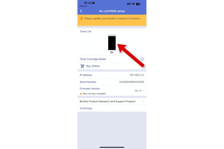 A screenshot of the Brother iPrint&Scan app displaying toner levels.