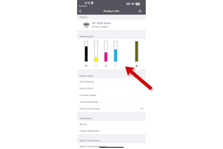 A screenshot of the Epson Smart Panel app displaying ink levels.