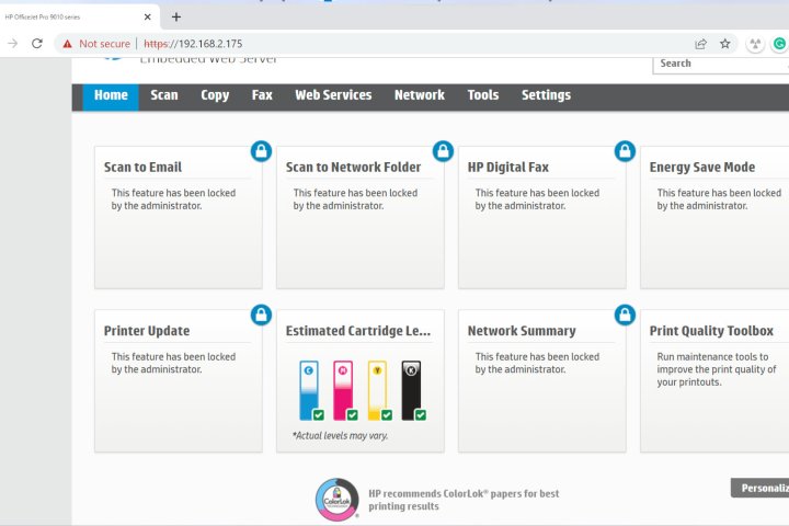 A screenshot of a printer's web server displaying ink levels.