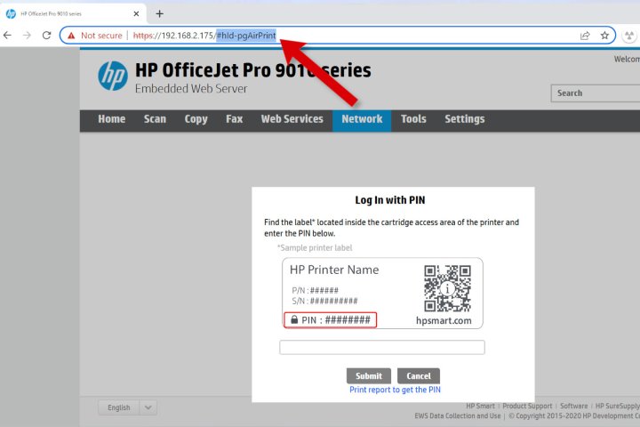 A screenshot of a printer's web server login.