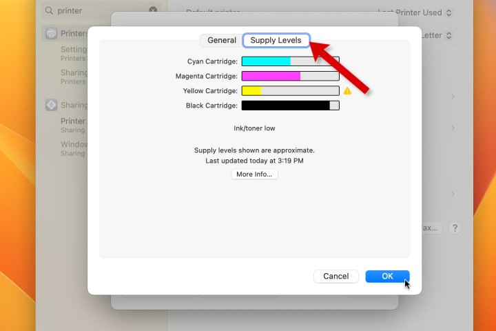 A screenshot of Mac System Settings displaying ink levels.