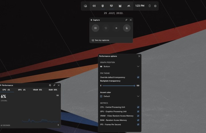 Xbox Game Bar performance overlay.
