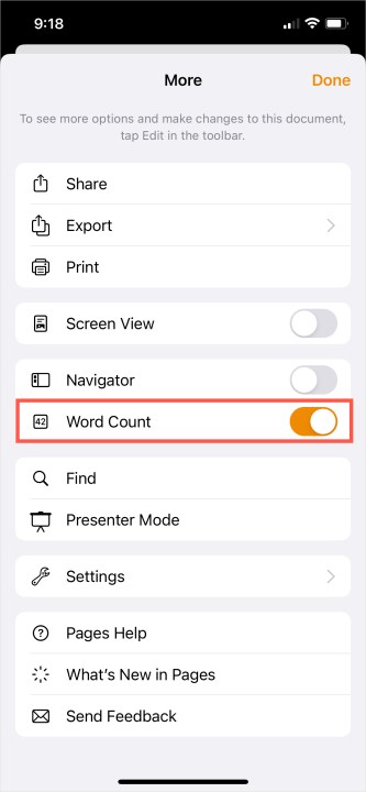 alt text: Screenshot showing the Word Count toggle in Pages on an iPhone.