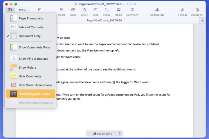 alt text: Screenshot of the Hide Paragraph Count option in the Pages View menu on a Mac.