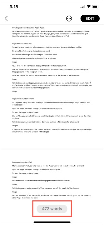 alt text: Screenshot showing the word count displayed at the bottom of a Pages document on an iPhone.