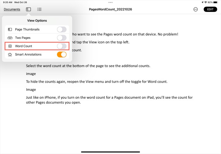 alt text: Screenshot showing the Word Count toggle switched off in the Pages View menu on an iPad.
