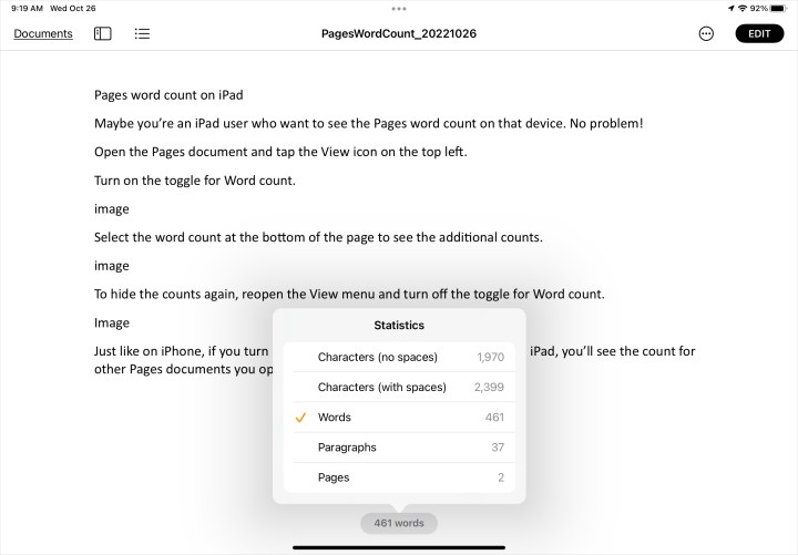 alt text: Screenshot displaying various document counts in Pages on an iPad.