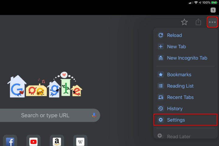alt text: The Settings option on Chrome for iPadOS.