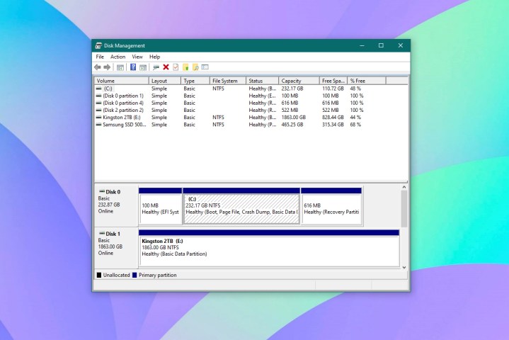 Screenshot of the Disk Management utility on Windows 10.