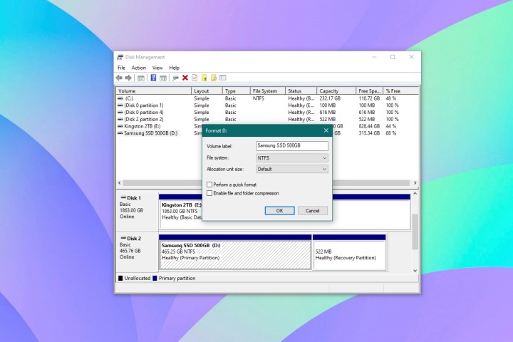 Screenshot of Disk Management utility with ssd format options on Windows 10.