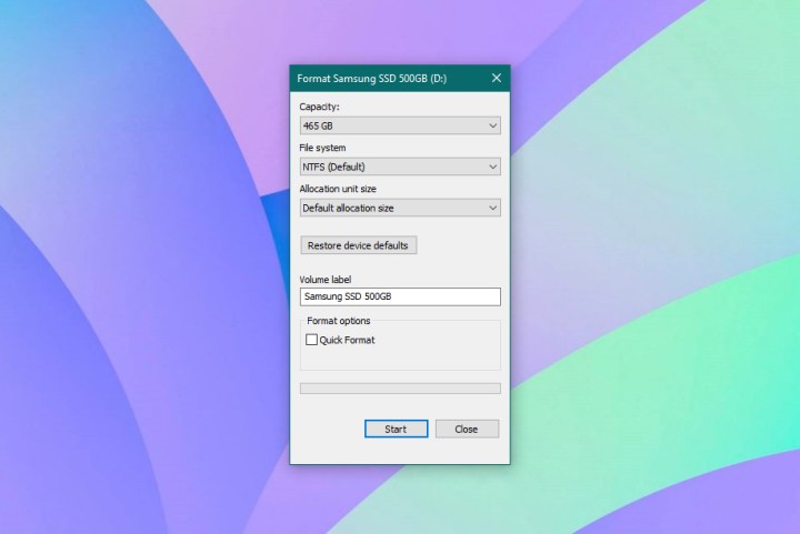 Screenshot of the SSD format dialogue box on Windows 10.