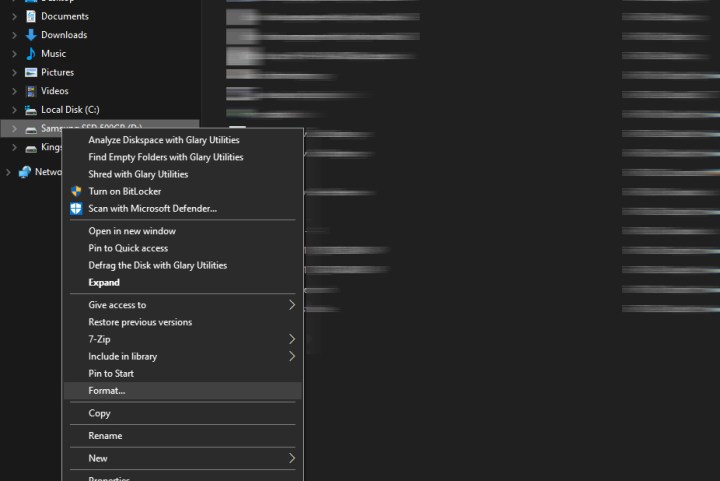 Screenshot of how to format an SSD.