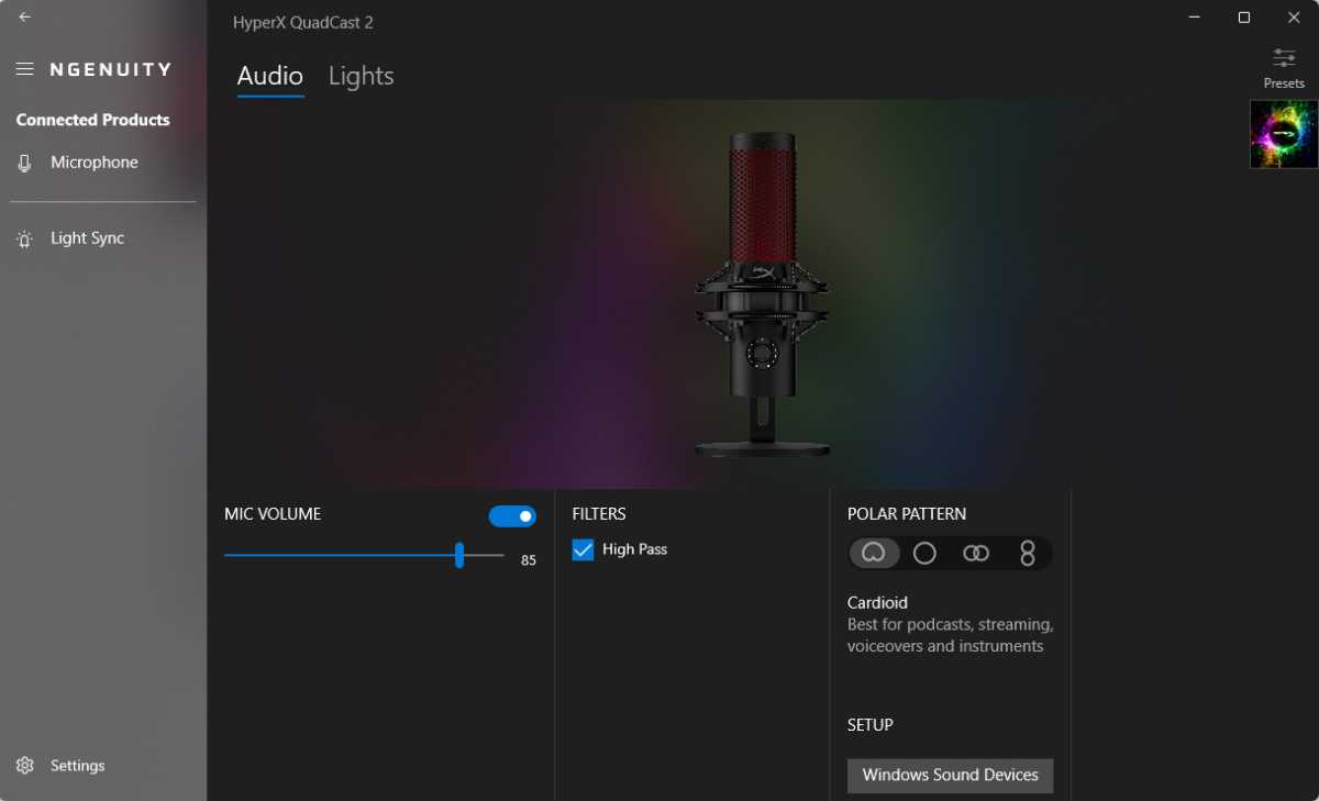 alt: Screenshot of the HyperX Ngenuity software controlling the microphone's settings