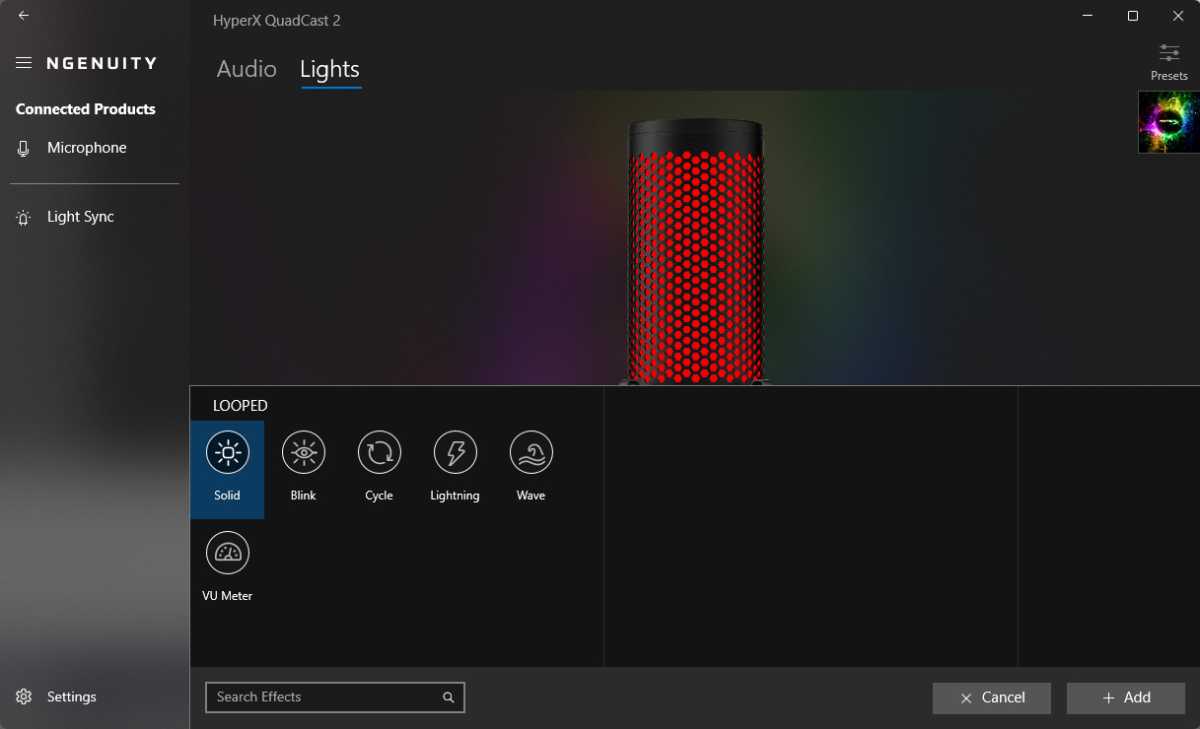 alt: HyperX Ngenuity software controlling the microphone's lighting