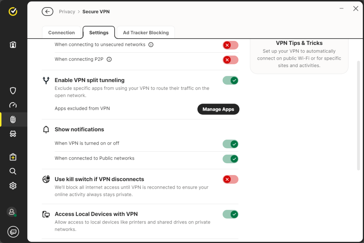 Norton Secure VPN settings