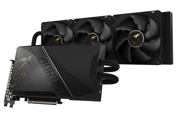 Alt text: A GIGABYTE AORUS GeForce RTX 4090 graphics card, highlighting its large size and advanced cooling design, often incorporating AIO liquid cooling solutions in high-end models.