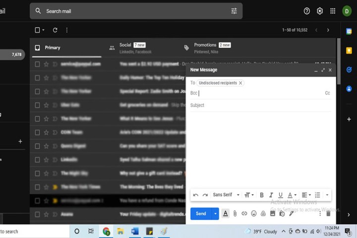 The Bcc field in a Gmail email with the group name added.