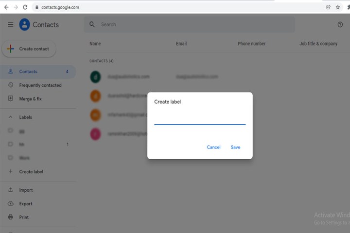 The Create Label button in Google Contacts.