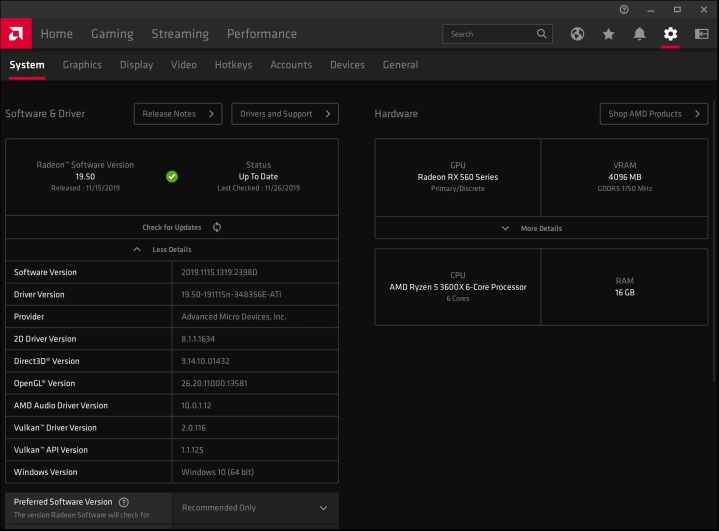 The driver update section in AMD Radeon Software.