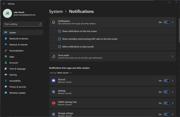 Notification settings in Windows.