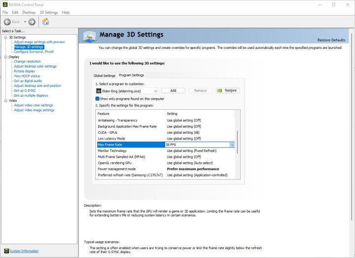 Nvidia Control Panel settings for Elden Ring.