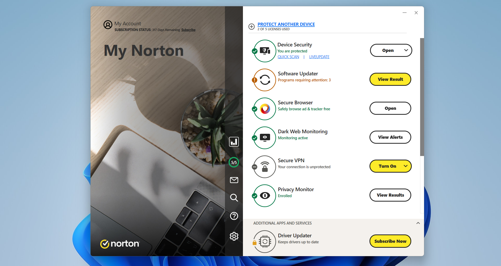 Norton 360 Deluxe My Norton interface