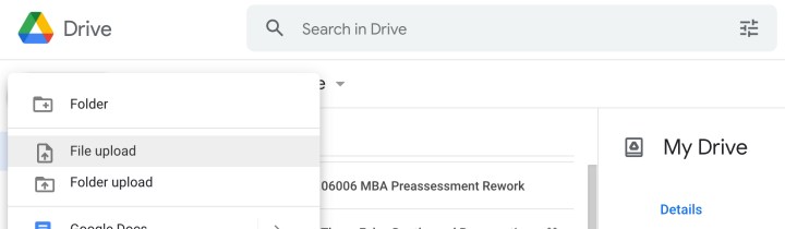The File Upload option in Google Drive.