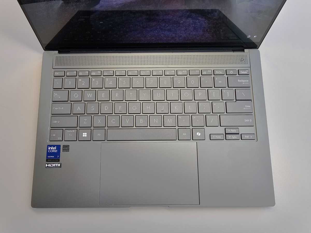 alt text: The keyboard of the Asus Zenbook S 14, showing its layout and key spacing.