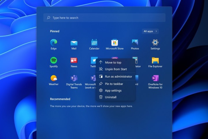 The app settings pop-up in Windows 11.