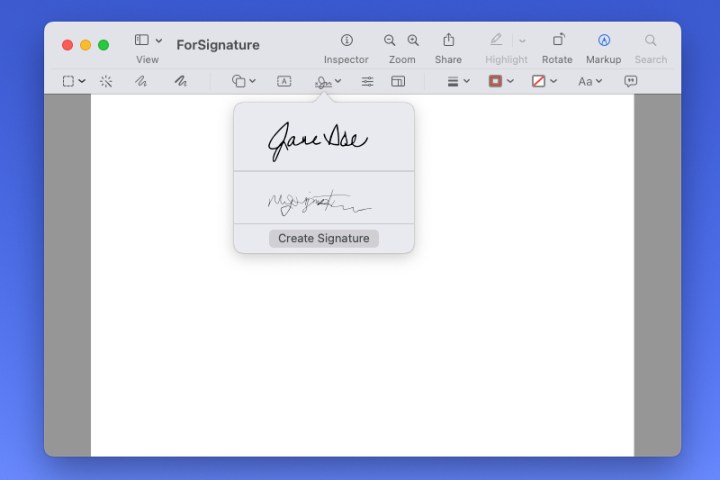 alt: Preview's Sign dropdown menu showcasing available signatures.