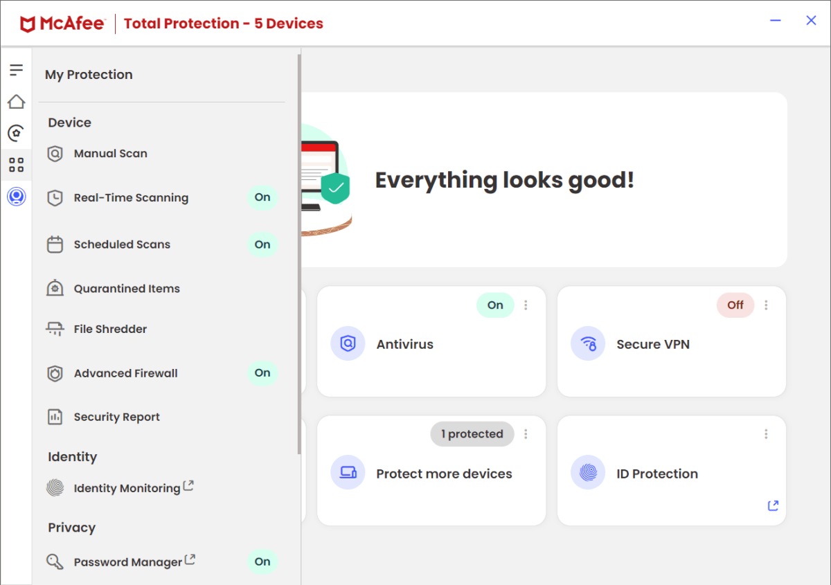 McAfee Total Protection - My Protection submenu