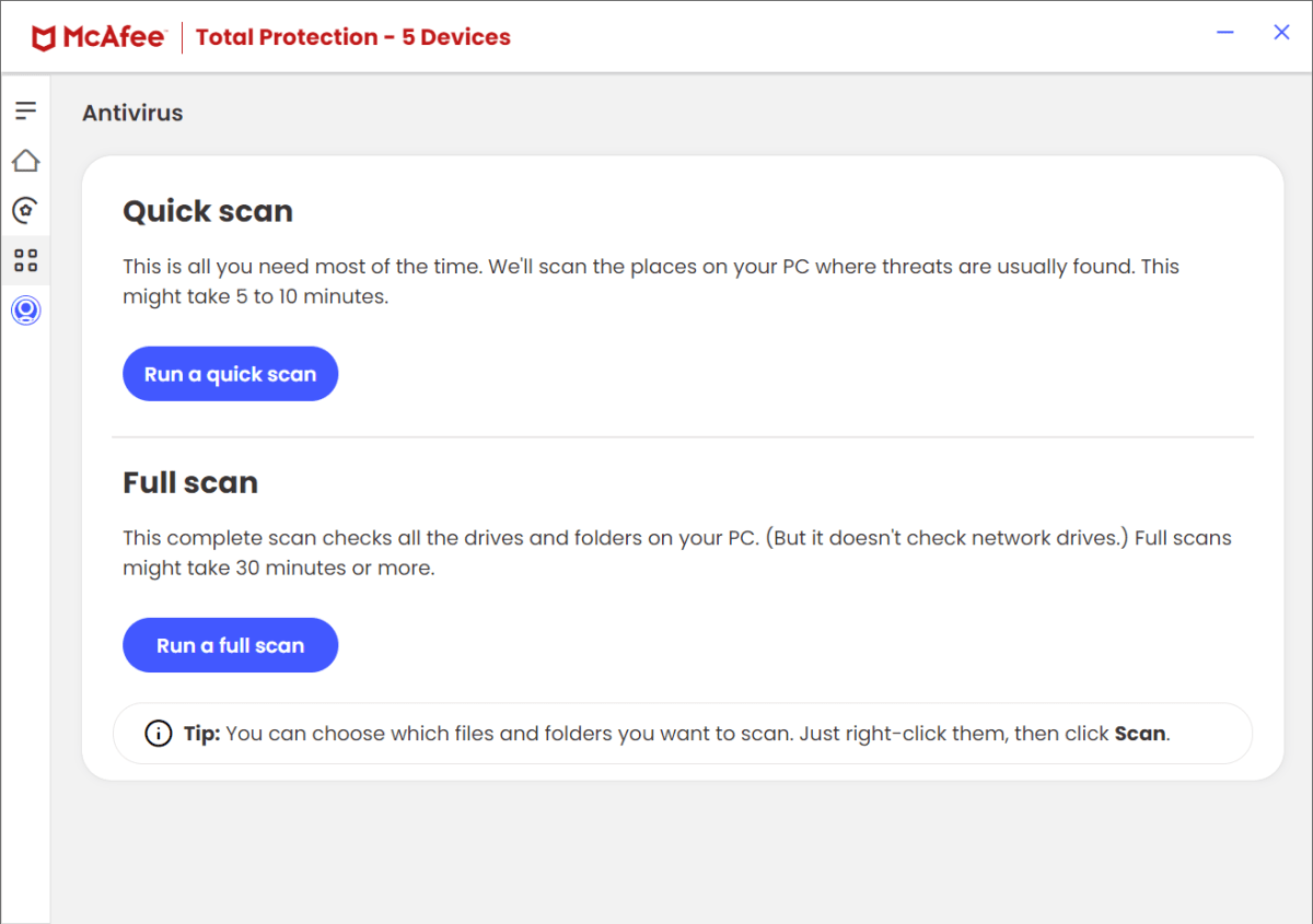 McAfee Total Protection - Manual scan options