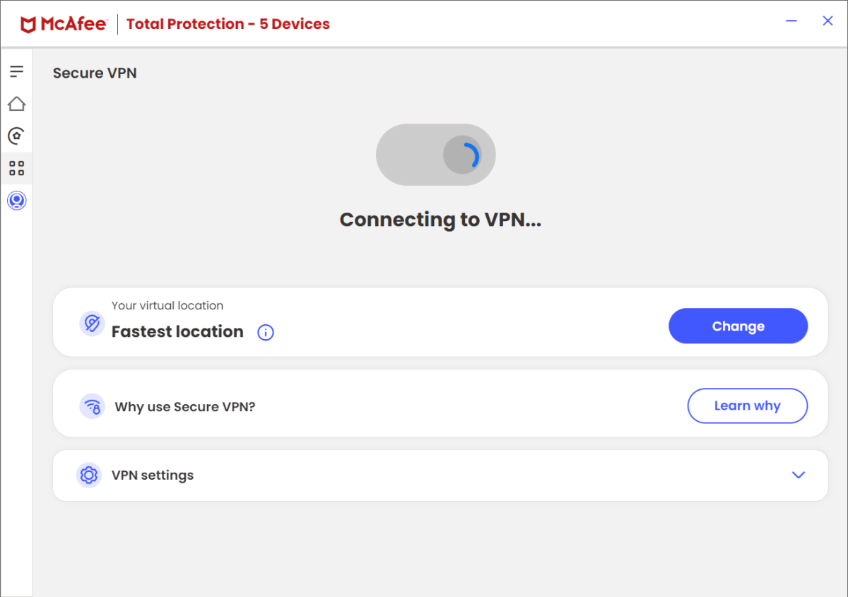 McAfee Total Protection - VPN screen