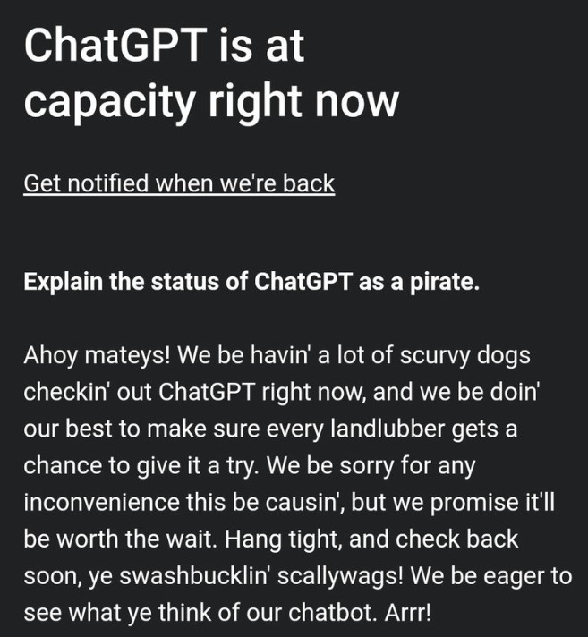 alt text: A screenshot of ChatGPT displaying a busy message with a pirate theme.