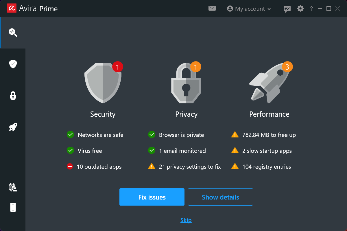 Avira Prime status screen right after initial smart scan