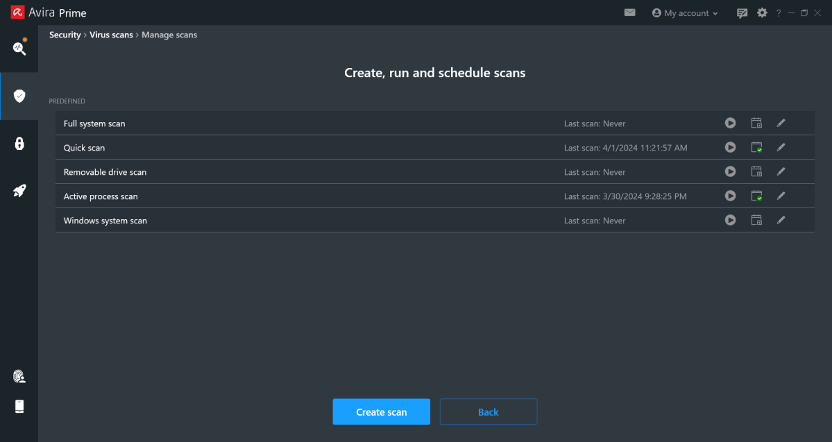 Avira Prime scan scheduling screen (March 2024)
