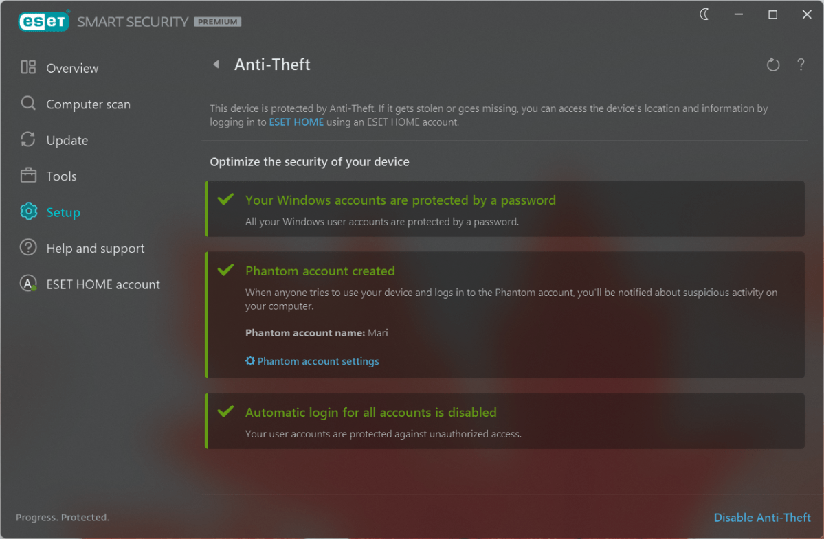 ESET Home Security Premium Anti-Theft info