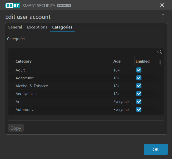 ESET Home Security Premium parental controls website categories