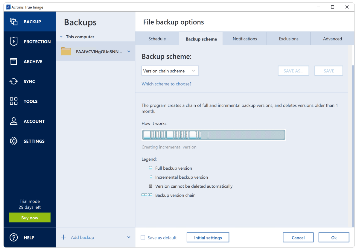 True Image offers a variety of pre-cooked backup schemes including the hybrid chain. The explanatory image is actually animated. Sweet.