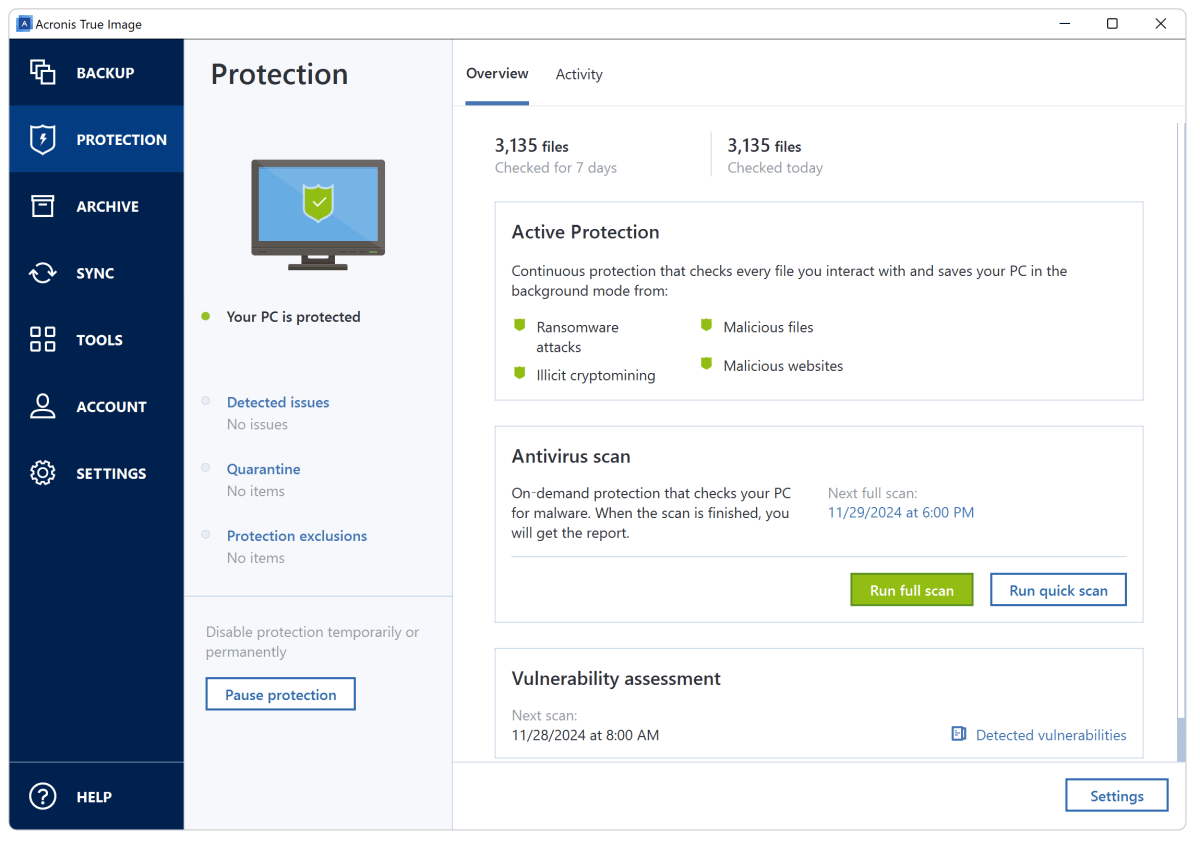 True Image’s Protection settings page.