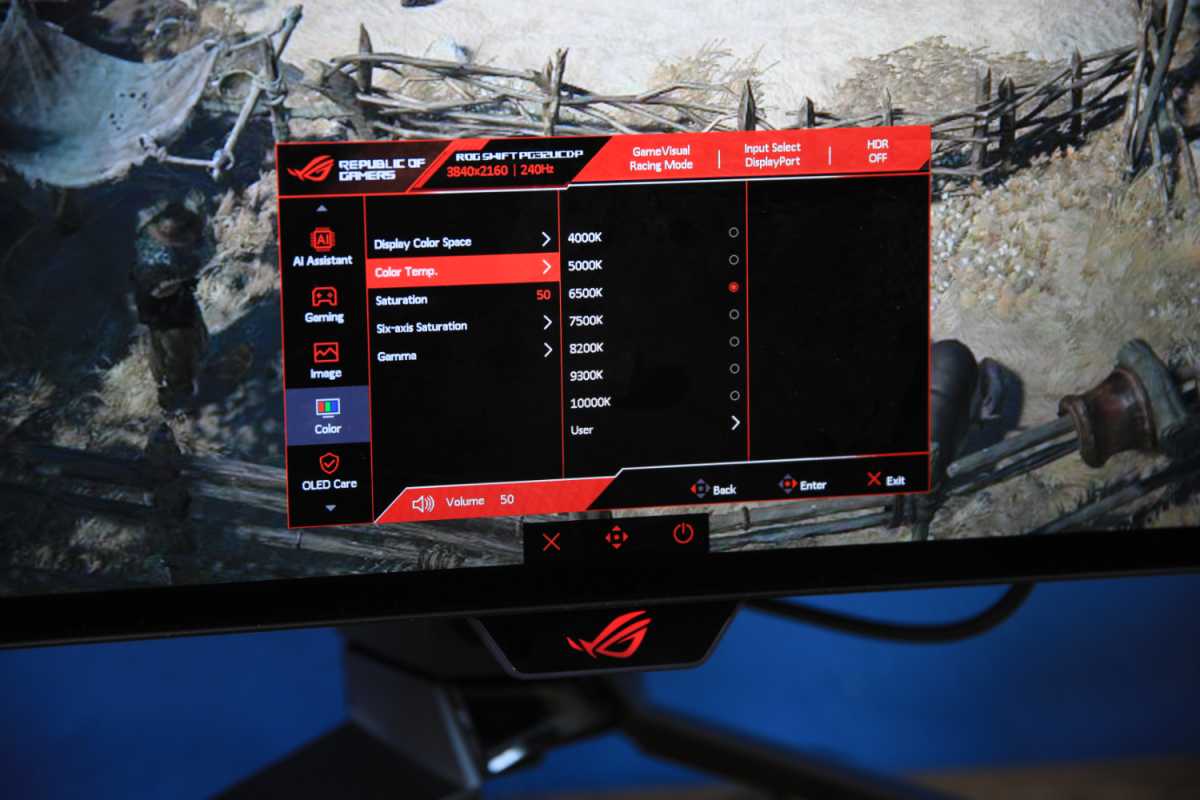 alt text: Rear view of the Asus ROG Swift PG32UCDP showcasing its various ports and connections.