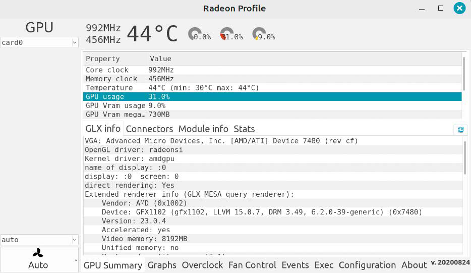 alt: Monitor AMD graphics chip: Radeon Profile shows information on the AMD GPU used and displays the temperature and utilization of the graphics processor.