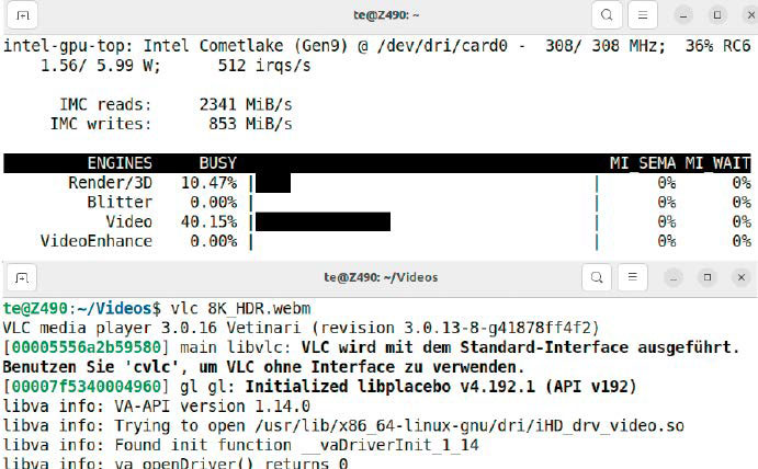 alt: VA-API in practice: When started in the terminal, the VLC media player indicates whether it uses “hardware decoding.” The intel_gpu_top tool shows the GPU utilization.